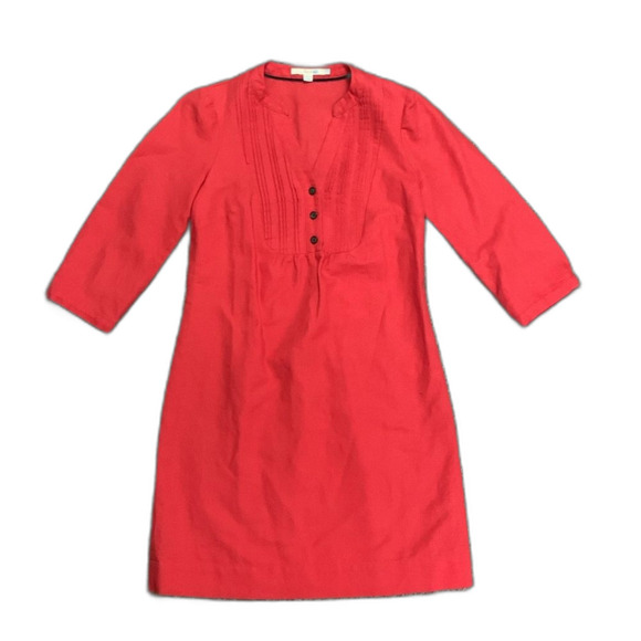 Boden Poppy Red Cotton Linen Blend Pleat Button Front 3/4 Sleeve Dress Size 4 - Picture 2 of 15